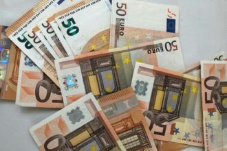 50 euro banknote lot on white surface