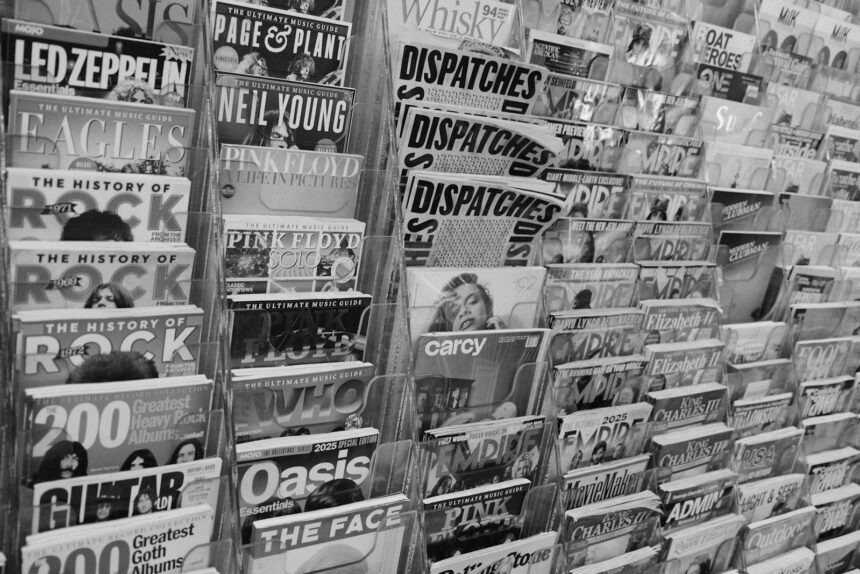 Magazines and newspapers displayed on a rack