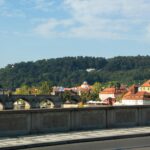 Stone bridge over river with buildings and forested hill.