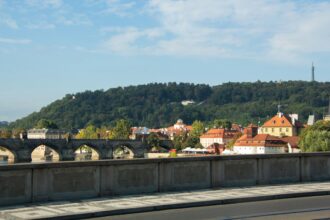 Stone bridge over river with buildings and forested hill.