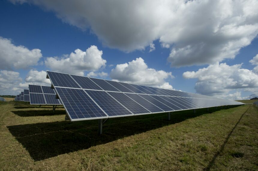 Rzędy paneli fotowoltaicznych w instalacji PV