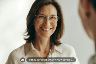 Zdjęcie przedstawia uśmiechniętą kobietę w okularach progresywnych, jest wygenerowane przy użyciu AI i nie przedstawia rzeczywistych osób.
