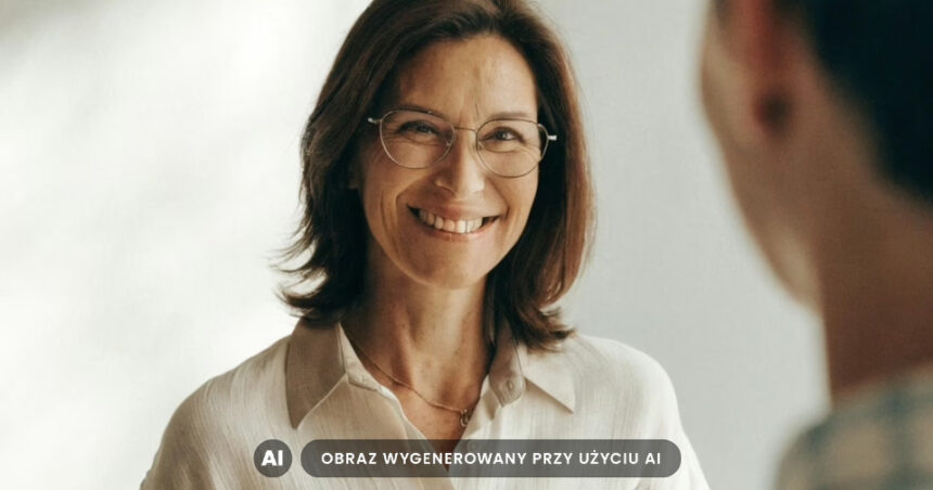 Zdjęcie przedstawia uśmiechniętą kobietę w okularach progresywnych, jest wygenerowane przy użyciu AI i nie przedstawia rzeczywistych osób.