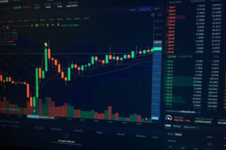 A digital candlestick chart showing cryptocurrency market trends on a dark computer screen